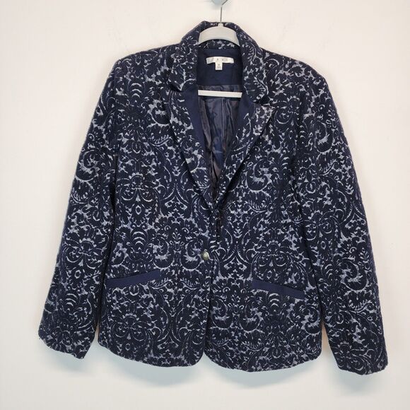 Cabi Filigree Jacquard Blazer Coat Size 12 Blue Wool Blend Lined Darted Waist - Picture 1 of 16